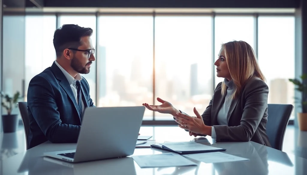 카드현금화 전문가가 고객에게 조언하는 모습, 도시 풍경이 배경에 보임