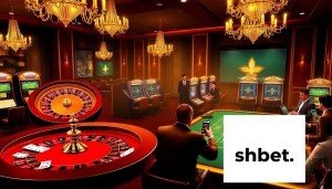 Exciting casino scene featuring poker chips and cards, illustrating gaming experience at https://shbet.id/.