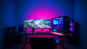 Verkaufen Sie Ihren Gaming-Computer effektiv mit einem modernen Setup, das einen Hochleistungs-Gaming-PC und Zubehör zeigt.