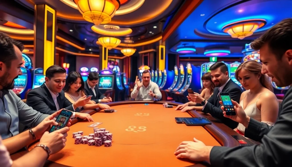 Players enjoying a thrilling game at the KP88 poker table in a luxurious casino setting.