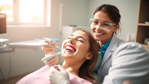 現代の歯科クリニックで、笑顔の患者と歯科医師が行うホワイトニング施術。