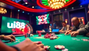 Players engage in high-stakes poker at a uu88 casino table filled with chips and cards.