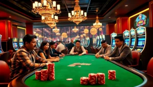 Players strategizing at a NOHU-themed poker table in a luxurious casino setting.