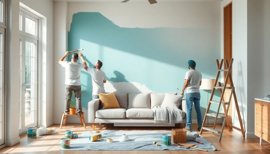Expert home painters transforming a living room with a fresh coat of teal paint.