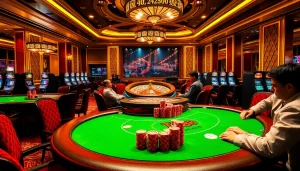 TX88 players engaged in thrilling poker at a luxury casino table, showcasing excitement.
