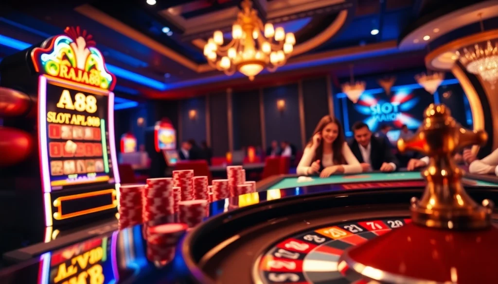 Exciting casino scene illustrating Slot API Raja 88 with vibrant slot machines and engaged players.