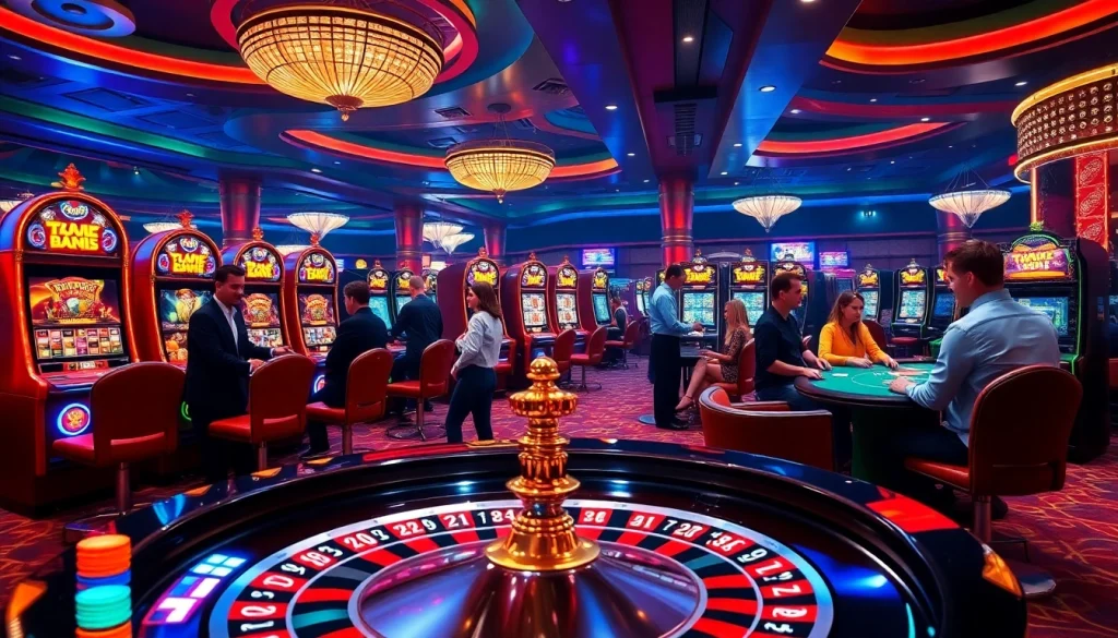 Engage with onicplay through a captivating casino scene featuring vibrant roulette tables and exciting poker games.