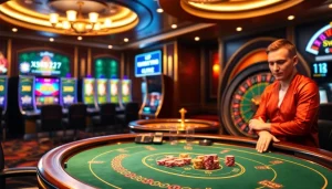 XSMB247 players analyzing strategies at a luxurious casino table filled with poker chips and roulette.