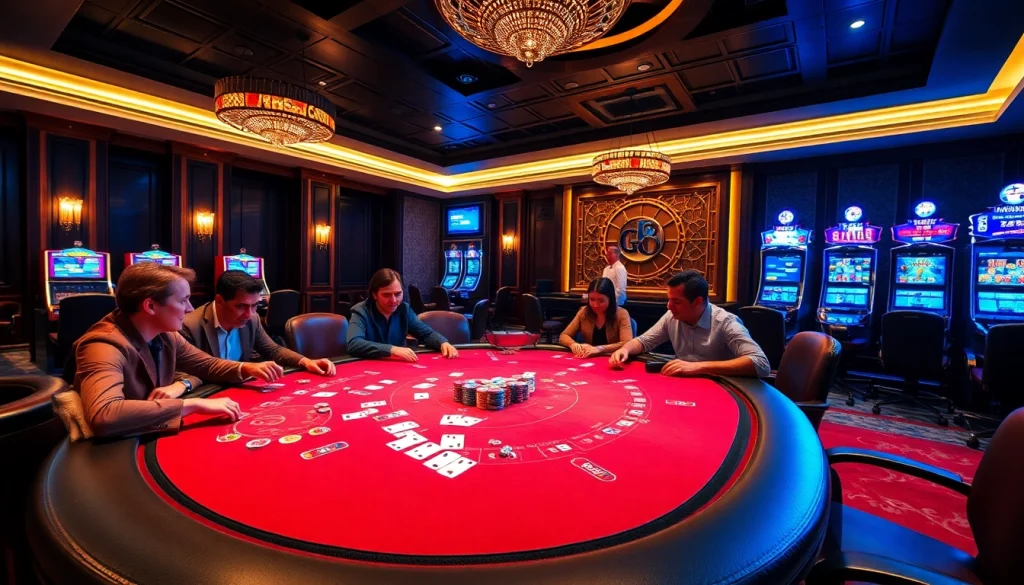 Go8 players enjoying vibrant casino gaming with luxurious tables and exciting slot machines.