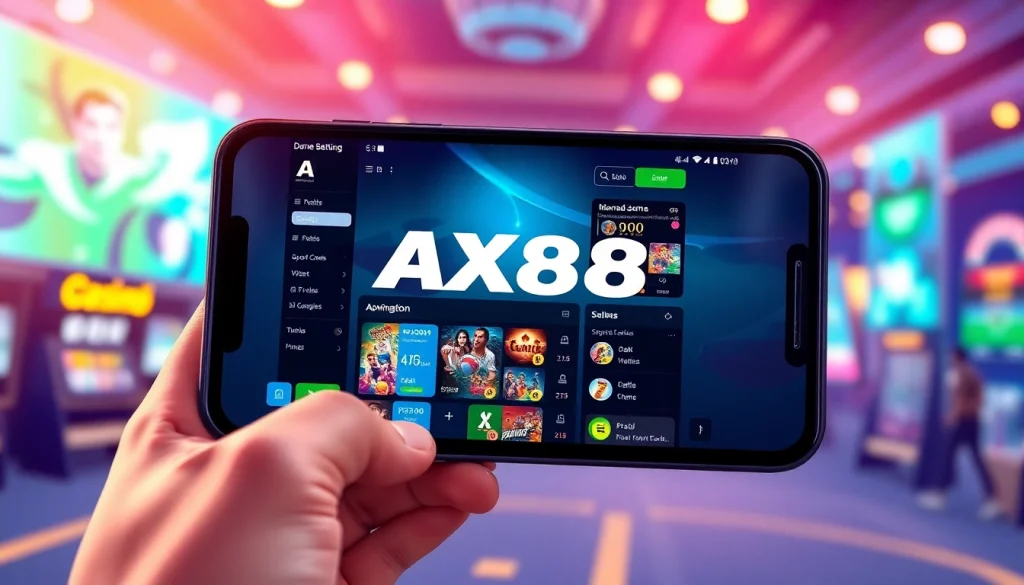 Giao diện ứng dụng AX88 trên điện thoại thông minh, thể hiện các tính năng cá cược và thiết kế thân thiện với người dùng.