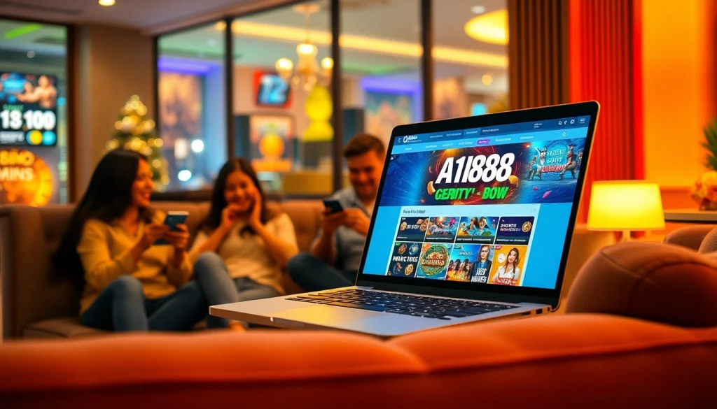 A188 online casino platform displayed on a laptop with diverse players enjoying games on various devices.