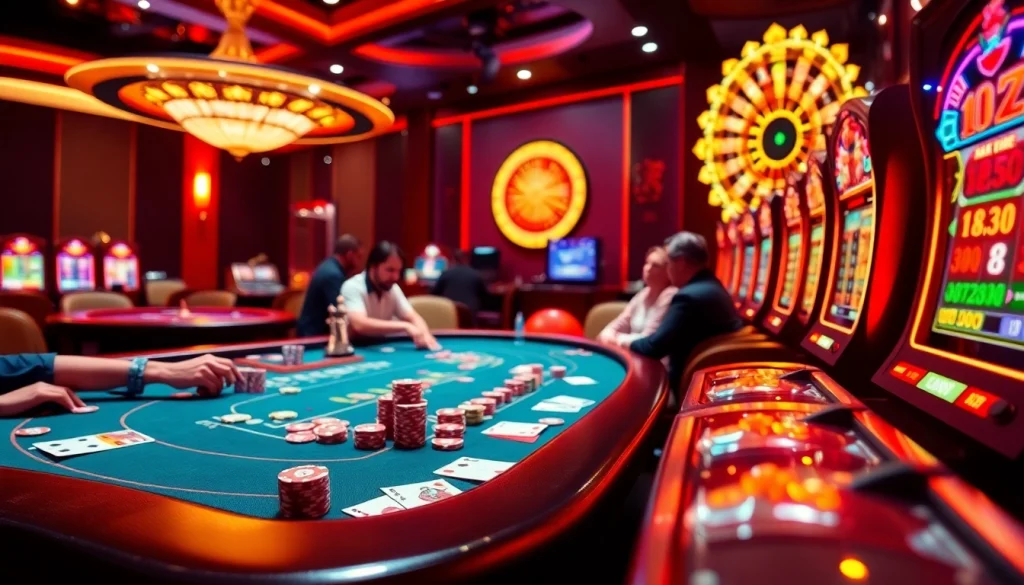 Man88 casino scene depicting high-stakes poker gameplay with vibrant roulette wheel and slot machines.