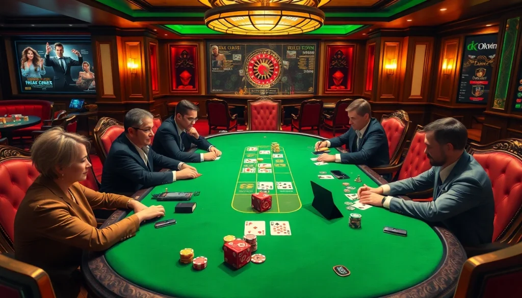 Experience the thrill of online gambling at https://okwin.blog/ with a luxurious casino scene featuring poker engagement.