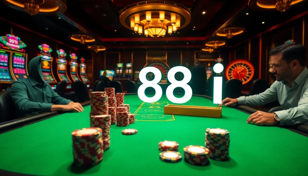 Experience the thrill of 88i casino gaming with vibrant poker chips and a spinning roulette wheel.
