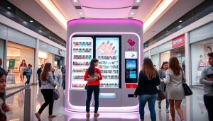Nail vending machine with interactive touchscreen offering vibrant nail polish options in a busy mall.