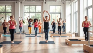 活気あるスタジオでトップクラスのピラティスおすすめワークアウトを紹介する魅力的なピラティスクラス。