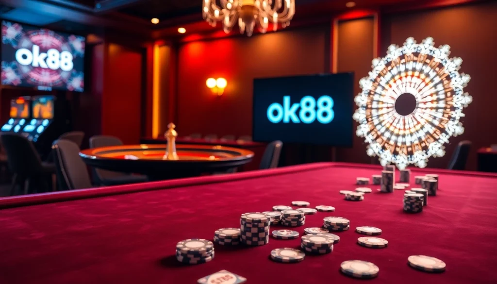 Engage in thrilling action at ok88's vibrant casino, showcasing poker, roulette, and slots.