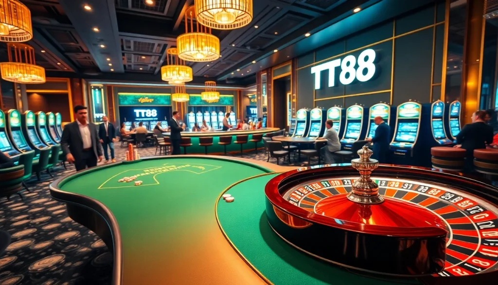 Engaged players strategizing at a poker table showcasing TT88 vibrant casino excitement.