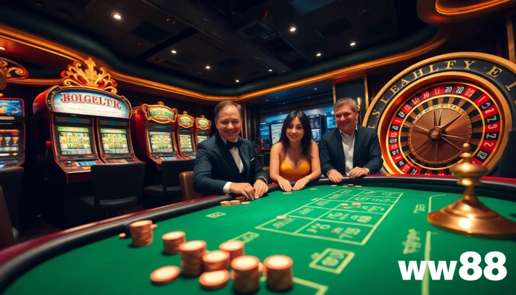 Showcase ww88 vibrant casino gaming scene featuring poker, slots, and roulette ambiance.
