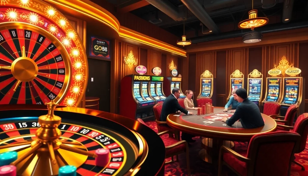 Experience the excitement of gambling at GO88 with poker chips, cards, and a roulette wheel.