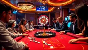 Engaging gamblers at a baccarat table while tracking vn168 flight status in a luxury casino.