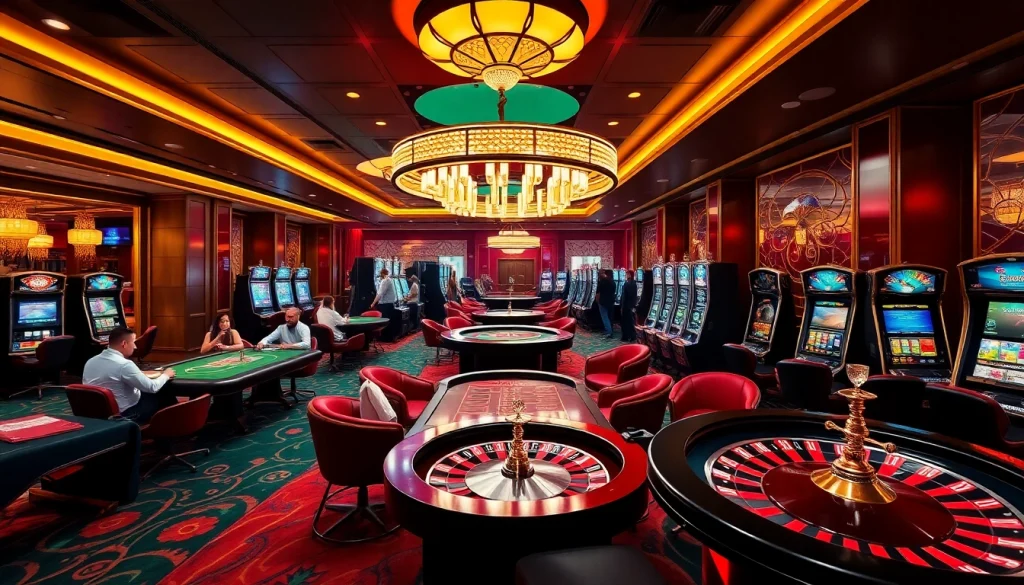 Players engaging in thrilling games at LC88 casino with vibrant lights and luxurious atmosphere.