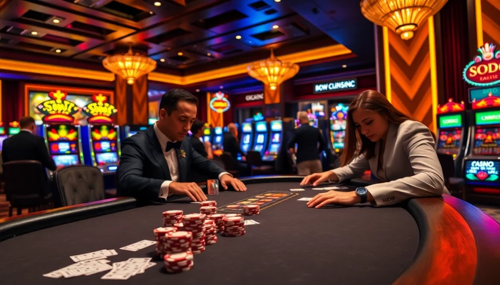 SODO casino players strategizing at a poker table with vibrant slot machines in the background.