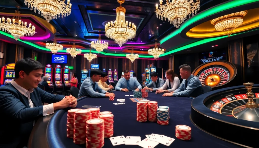 Exciting poker gameplay at OKLIVE event with vibrant casino atmosphere and colorful chips.