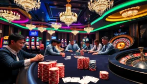 Exciting poker gameplay at OKLIVE event with vibrant casino atmosphere and colorful chips.