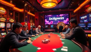 Luckywin players engaging in thrilling poker action at a luxurious online casino table.