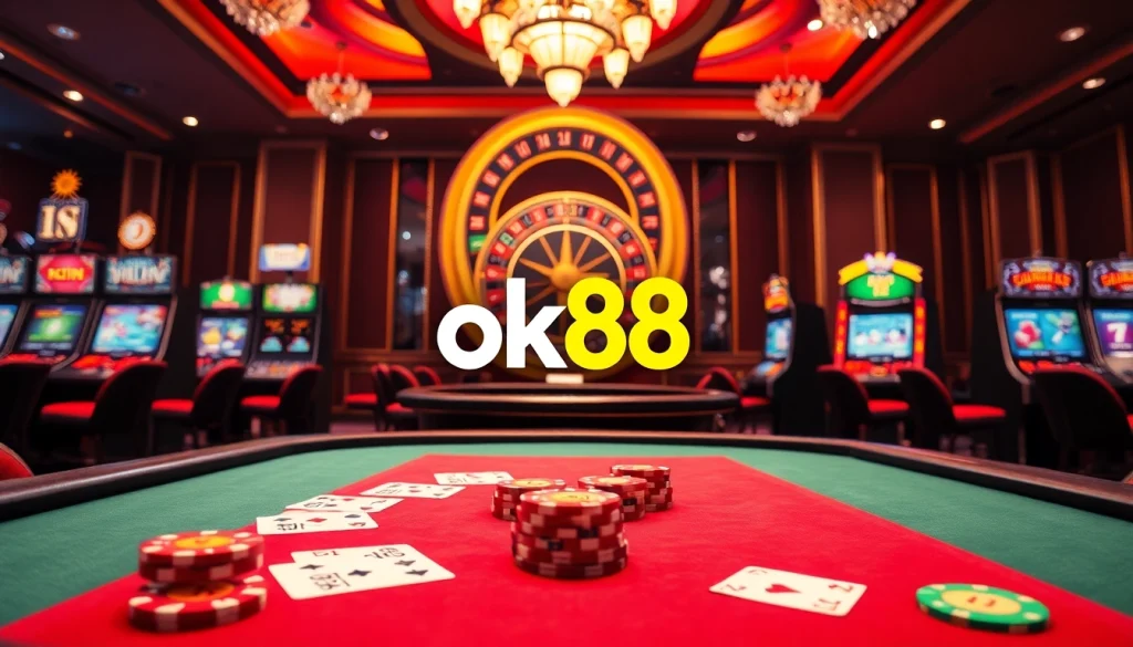 Engaging gamblers at a vibrant ok88 poker table surrounded by luxurious casino games.