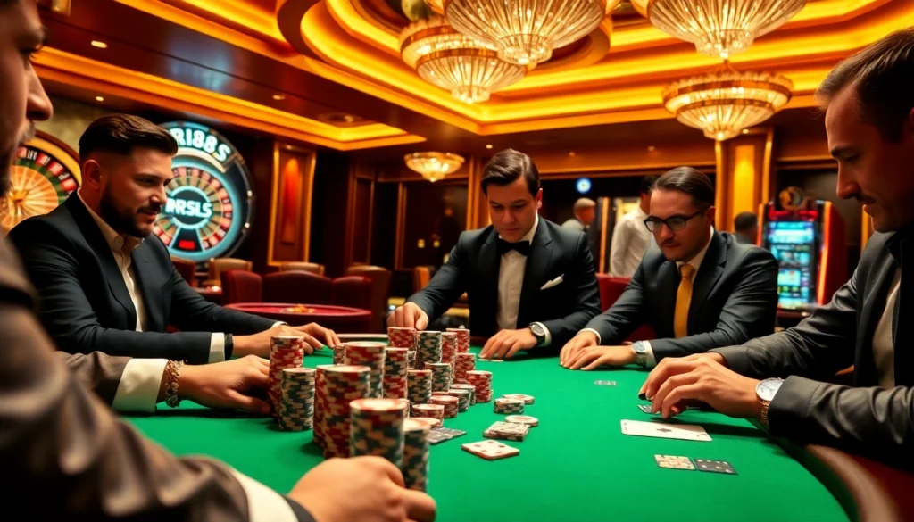 Experience intense poker action at RR88 with players and vibrant casino elements.