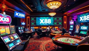 Players enjoying thrilling games at XX88 casino with exciting slot machines and roulette tables.
