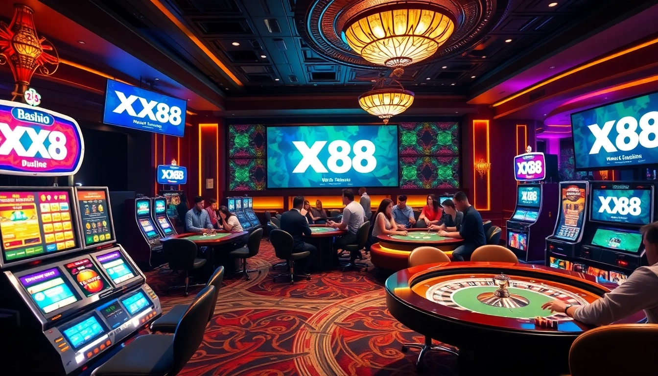 Players enjoying thrilling games at XX88 casino with exciting slot machines and roulette tables.