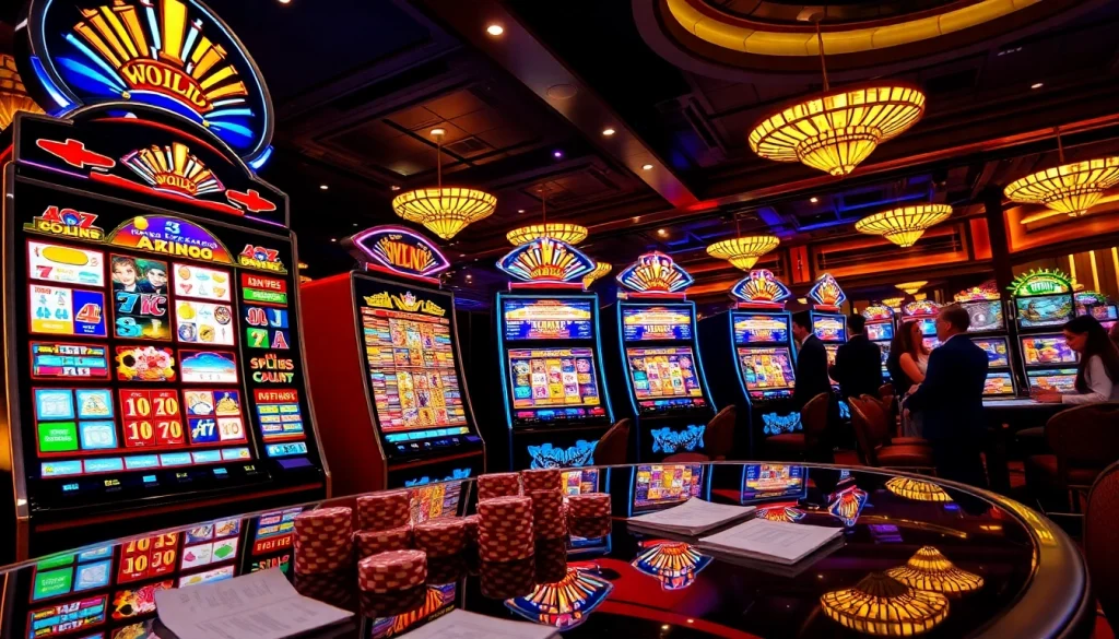 Experience the thrill of slot depo 1000 with vibrant slot machines and excited players in action.