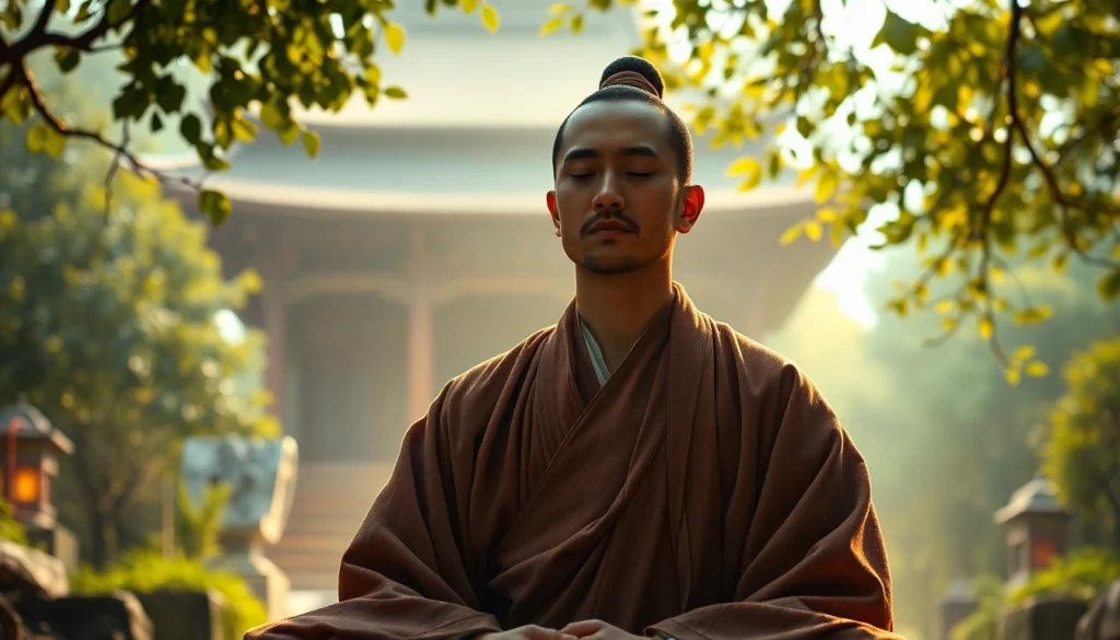 即身仏（Sokushinbutsu）の僧侶が静かな寺院で瞑想しており、精神的な献身と悟りを体現している。