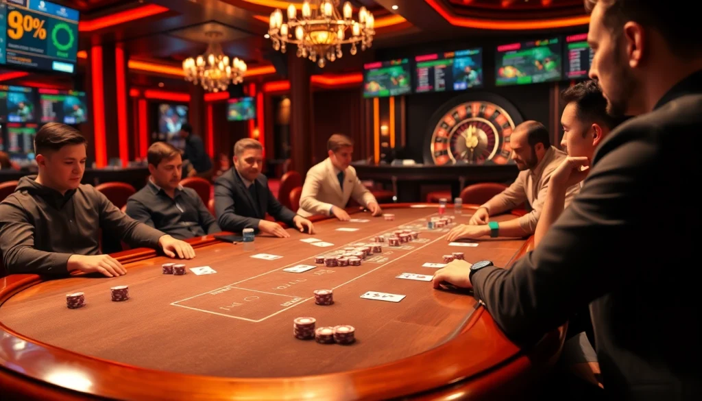 Exciting poker players at a casino table demonstrating strategies at https://89bet.vegas/ with vibrant chips and cards.