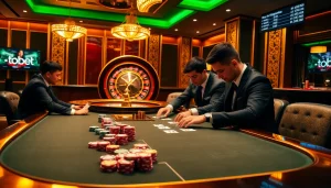 Experience the thrill of tobet88 with vibrant casino tables and professional poker players engaged in high-stakes games.