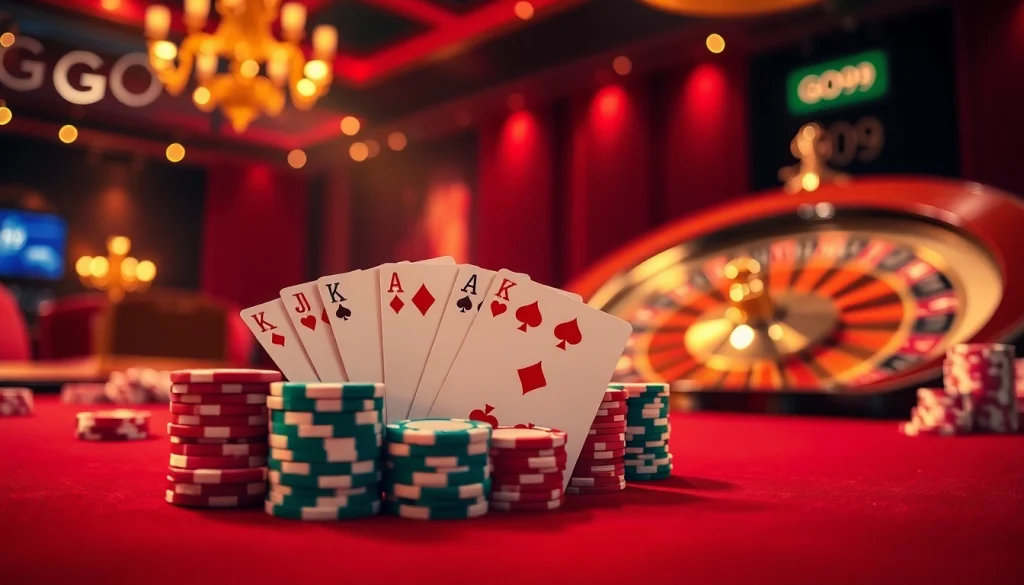 Experience the thrill of poker at the GO99 casino, featuring vibrant chips and a spinning roulette wheel.