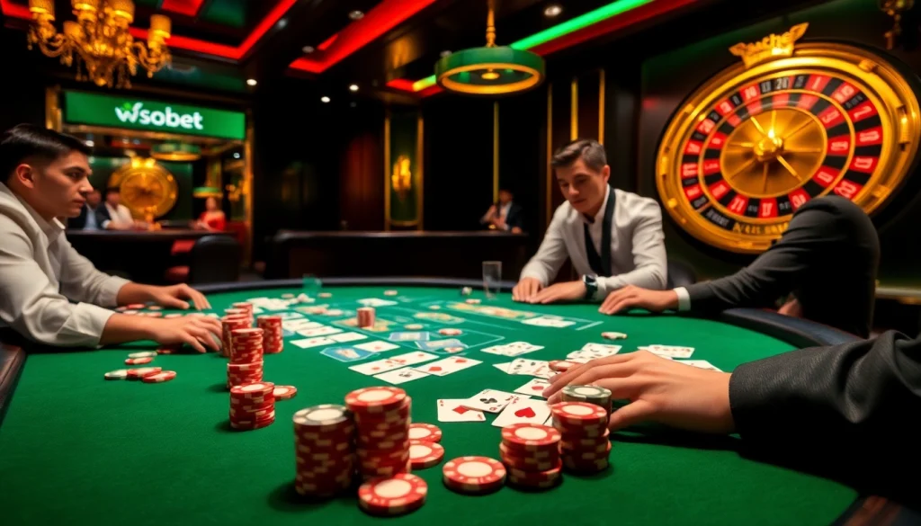 Sbobet online betting scene with poker table, chips, and roulette wheel illustrating casino excitement.