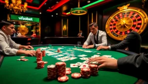 Sbobet online betting scene with poker table, chips, and roulette wheel illustrating casino excitement.