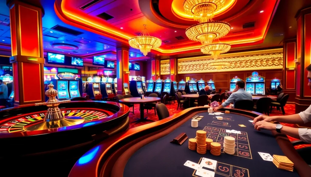 Experience thrilling gaming at Vua99 caisno with vibrant roulette and poker tables.