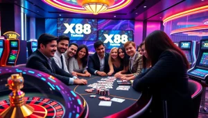 Engage in thrilling gameplay at XX 88 online casino with vibrant roulette wheels and poker chips.