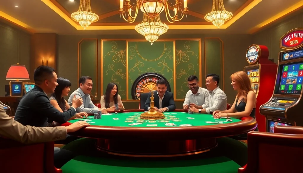 Players enjoying a high-stakes poker game at thabet77 casino with vibrant chips and cards.