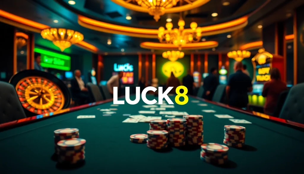 Trải nghiệm sự phấn khích của LUCK8 tại một casino sang trọng với bàn poker và các bánh xe roulette.