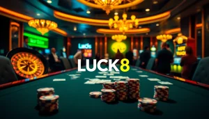 Trải nghiệm sự phấn khích của LUCK8 tại một casino sang trọng với bàn poker và các bánh xe roulette.