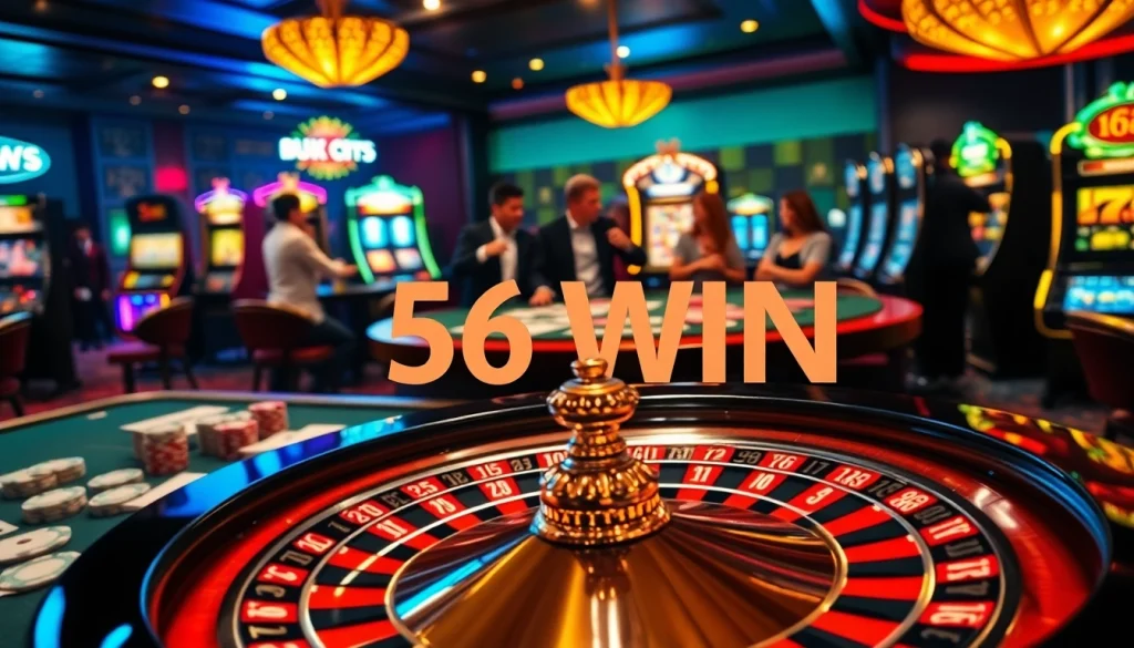 Experience thrilling gameplay with 56 WIN at an upscale casino featuring a vibrant roulette wheel.