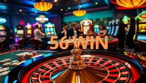 Experience thrilling gameplay with 56 WIN at an upscale casino featuring a vibrant roulette wheel.