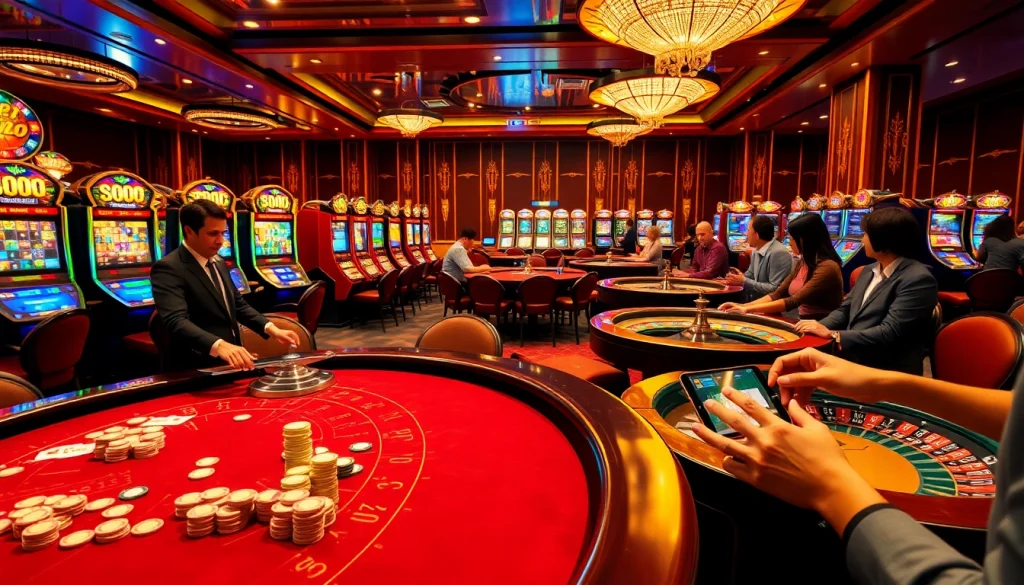 SODO casino players enjoying high-stakes gaming with vibrant roulette and blackjack tables.