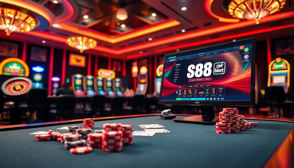 S88bet players engaging in a thrilling casino experience with poker chips and slots.